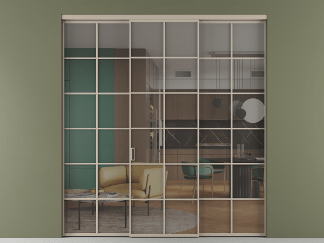 Перегородка Формато внутри проёма 3 створки АЛПР 040.05 Алюминий бисквитный Прозрачное серое стекло, триплекс Цена 51729480 so'm | Volhovec