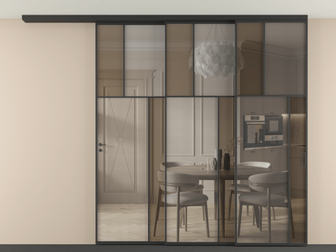 Перегородка Mosaic вдоль стены телескопик синхро-3 АЛПР 041.23 Алюминий Черный Mesh silver + Бронза прозрачное триплекс Цена 87825920 so'm | Volhovec