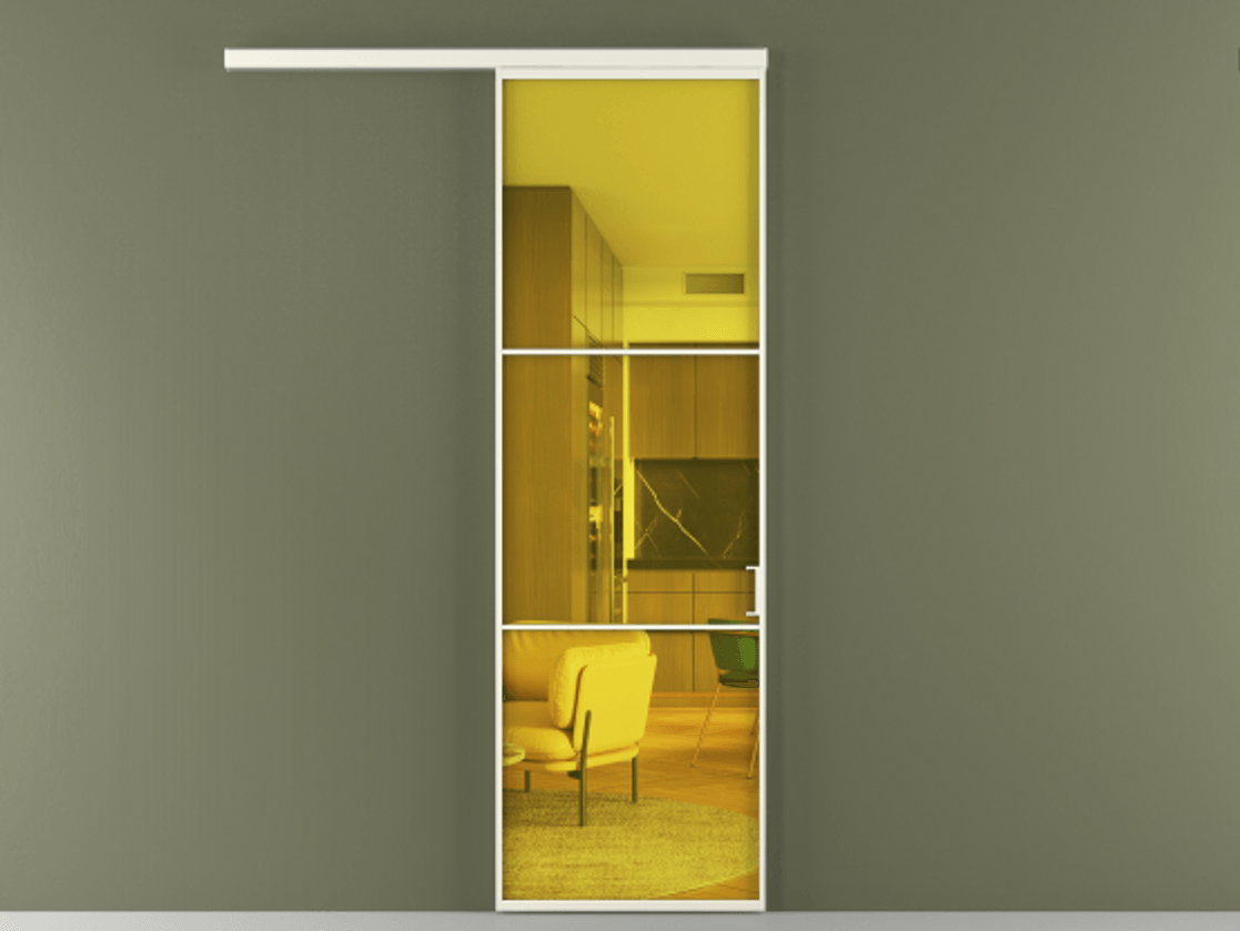 Перегородка Формато вдоль стены 1 створка АЛПР 040.03 Алюминий жемчужный Прозрачное жёлтое стекло, триплекс Цена 21534240 so'm  | Volhovec