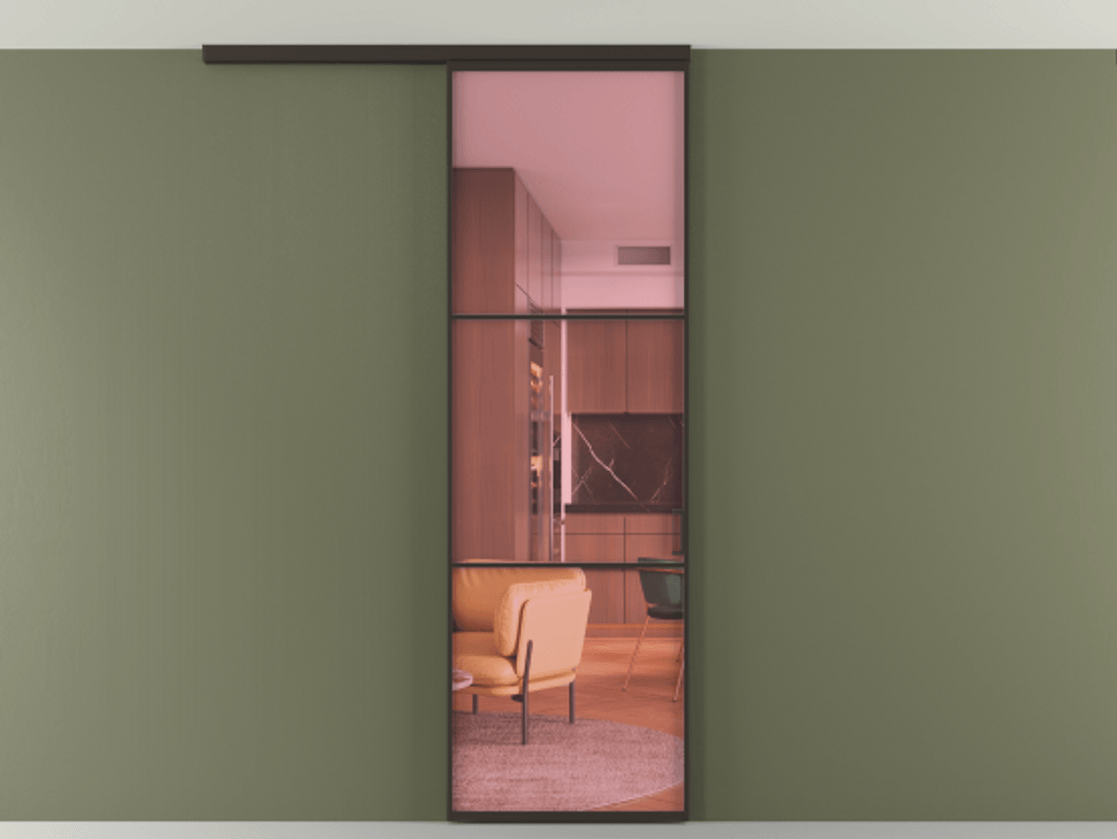 Перегородка Formato вдоль стены на потолок 1 створка АЛПР 040.03 Алюминий антрацит Прозрачное розовое стекло, триплекс Цена 20500540 so'm | Volhovec