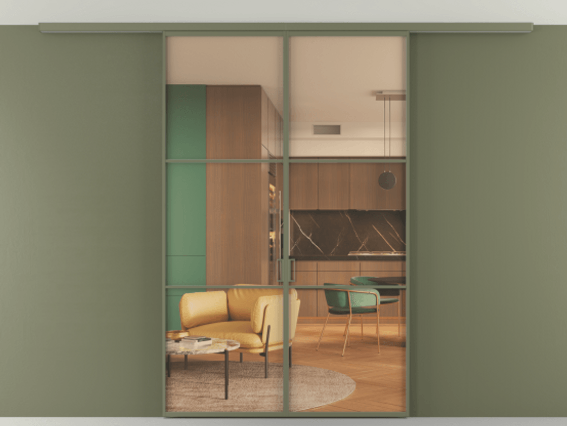 Перегородка Формато вдоль стены на потолок 2 створки АЛПР 040.03 Алюминий оливковый тёмный Прозрачное оранжевое стекло, триплекс Цена 39559770 so'm | Volhovec