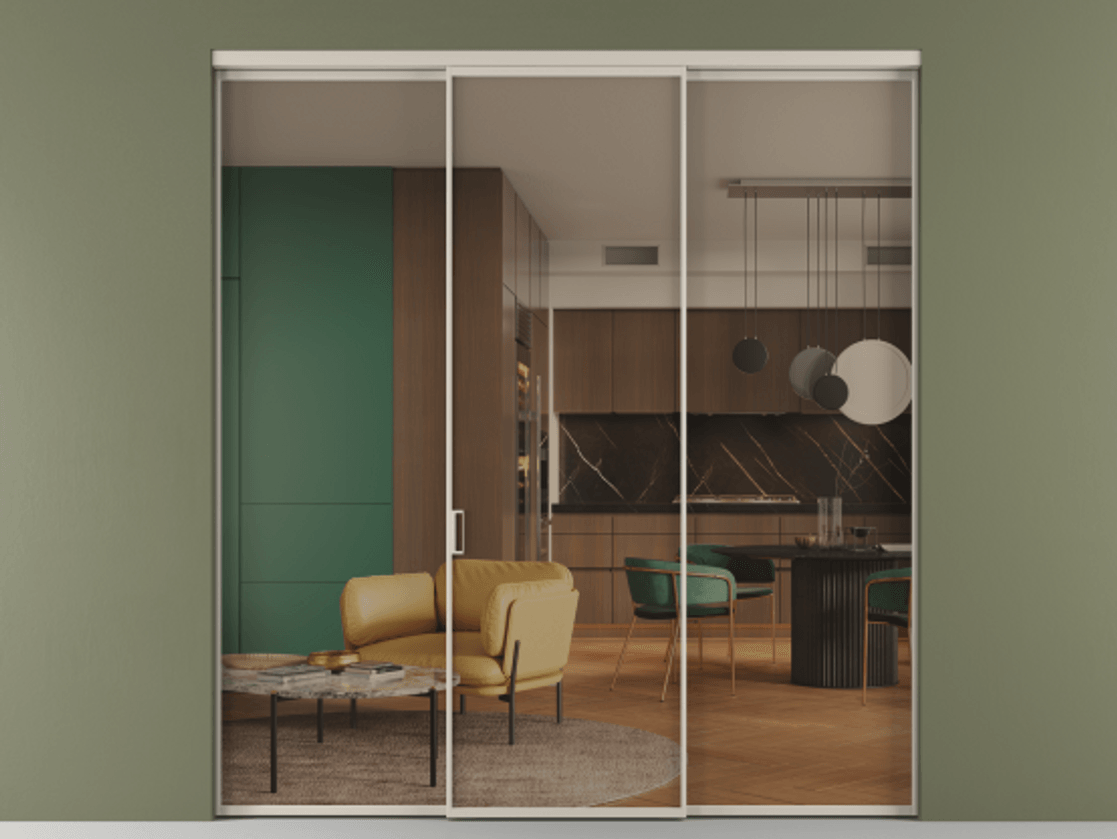 Перегородка Formato внутри проёма 3 створки АЛПР 040.01 Алюминий светло-бежевый Прозрачное бронзовое стекло, триплекс Цена 247640 ₽ | Volhovec