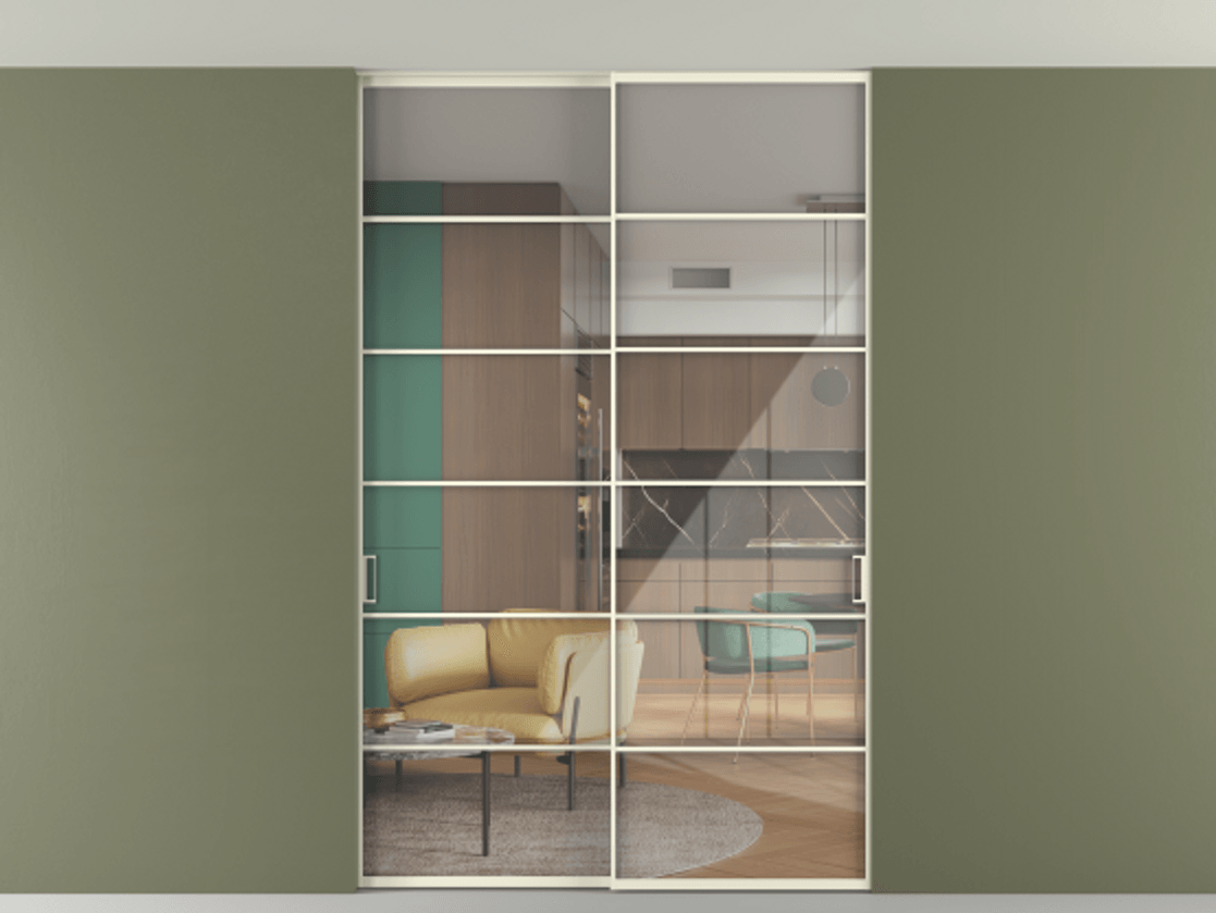 Перегородка Формато внутри проёма скрытое крепление в потолок 2 створки АЛПР 040.04 Алюминий молочно-белый Рефлективное прозрачное стекло "Стопсол", калёное Цена 65504040 so'm | Volhovec