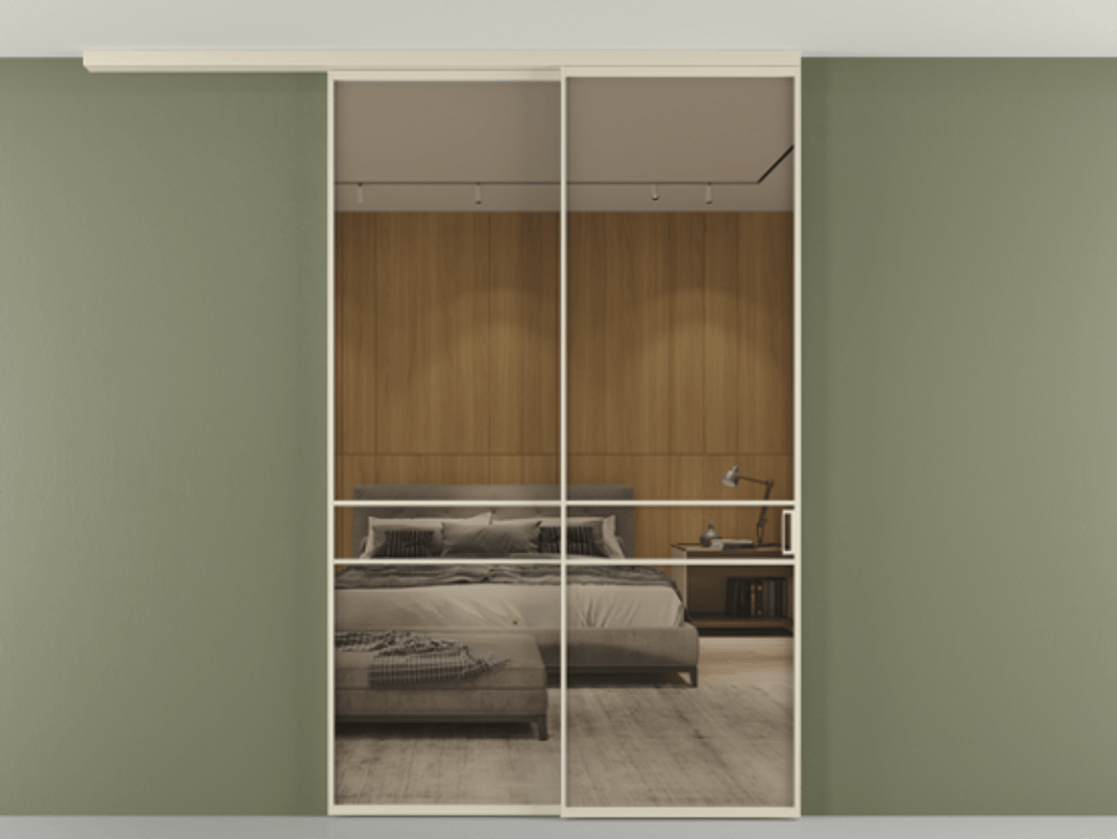 Перегородка Формато вдоль стены на потолок 2 створки с синхронным механизмом АЛПР 040.02 Алюминий бежево-серый Рефлективное бронзовое стекло "Стопсол", калёное Цена 66385060 so'm | Volhovec