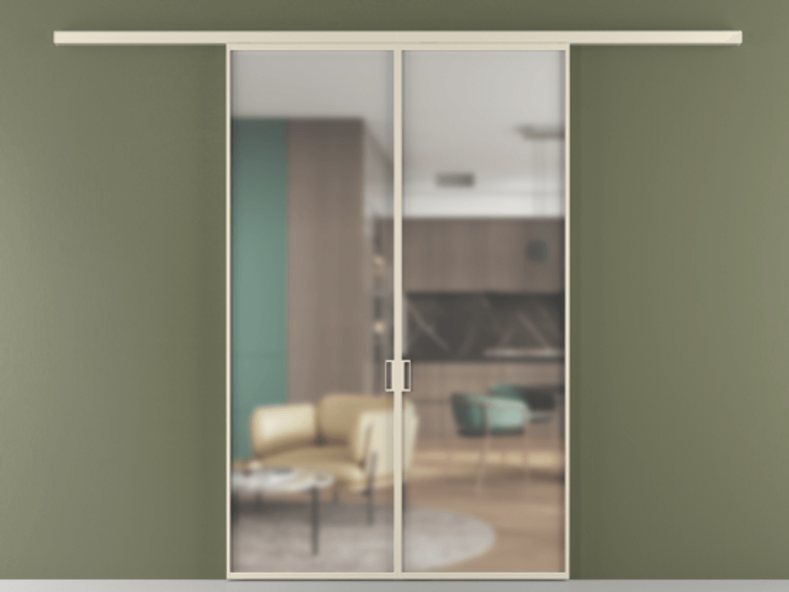 Перегородка Formato вдоль стены 2 створки АЛПР 040.01 Алюминий бежево-серый Сатинированное стекло "Matelux Crystal Vision", калёное, матовое, каленое 6 мм Цена 48354600 so'm | Volhovec