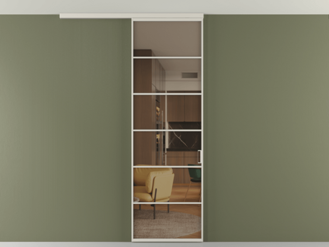 Перегородка Формато вдоль стены на потолок 1 створка АЛПР 040.04 Алюминий облачно-серый Прозрачное бронзовое стекло, триплекс Цена 21893960 so'm | Volhovec