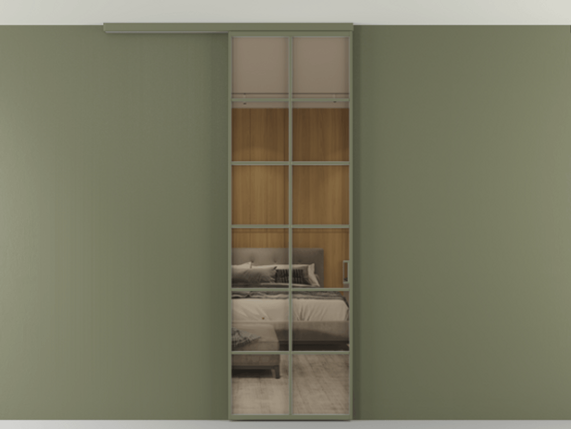 Перегородка Формато вдоль стены на потолок 1 створка АЛПР 040.05 Алюминий оливковый тёмный Рефлективное бронзовое стекло "Стопсол", калёное Цена 27220270 so'm | Volhovec