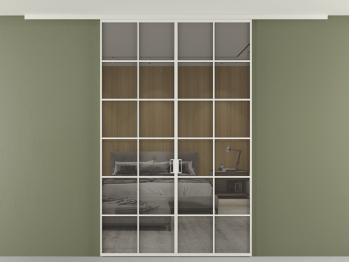 Перегородка Формато вдоль стены на потолок 2 створки АЛПР 040.05 Алюминий Белый Рефлективное серое стекло "Стопсол", калёное Цена 50989540 so'm | Volhovec