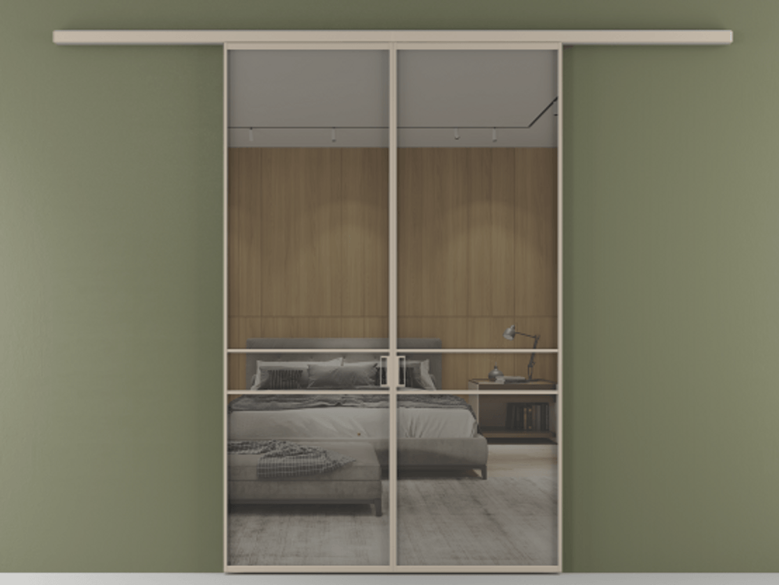 Перегородка Формато вдоль стены 2 створки АЛПР 040.02 Алюминий бисквитный Рефлективное серое стекло "Стопсол", калёное Цена 50547000 so'm | Volhovec