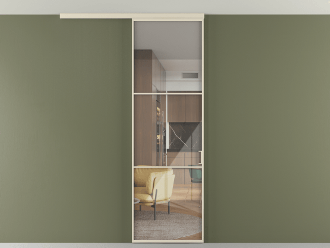 Перегородка Формато вдоль стены на потолок 1 створка АЛПР 040.03 Алюминий бежево-серый Рефлективное прозрачное стекло "Стопсол", калёное Цена 25478530 so'm | Volhovec