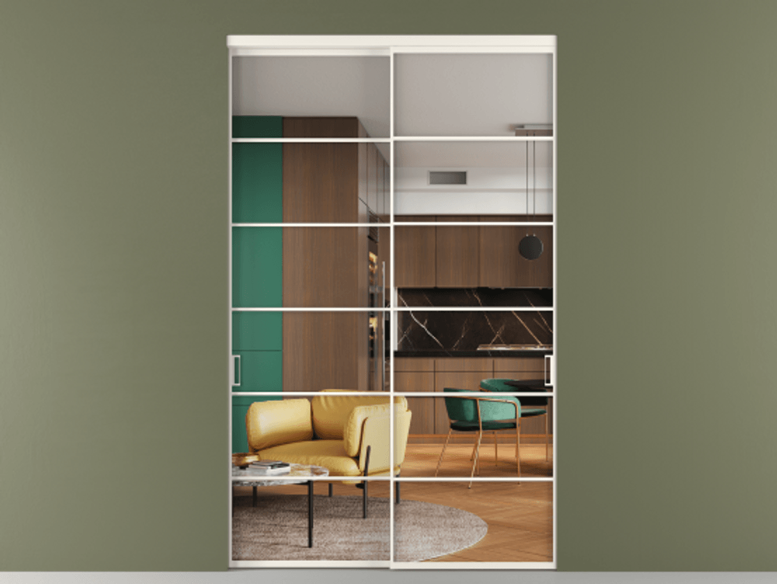 Перегородка Формато внутри проёма 2 створки АЛПР 040.04 Алюминий пудровый белый Прозрачное стекло "Кристал Вижн", калёное Цена 100261700 so'm  | Volhovec