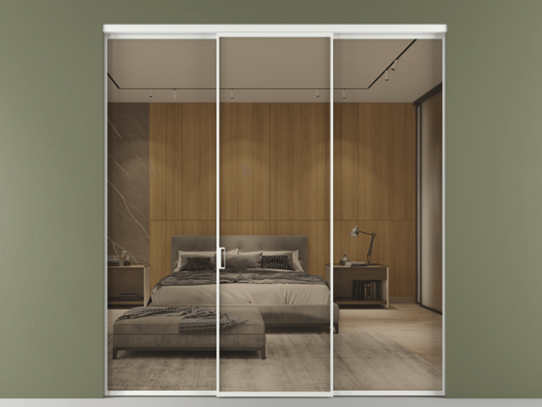 Перегородка Формато внутри проёма 3 створки АЛПР 040.01 Алюминий белоснежный Рефлективное бронзовое стекло "Стопсол", калёное Цена 61184200 so'm | Volhovec