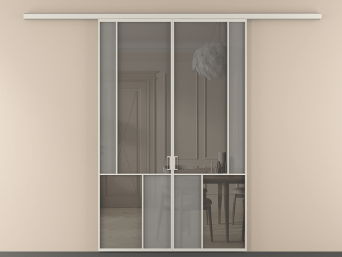 Перегородка Мозаик вдоль стены 2 створки АЛПР 041.21 Алюминий облачно-серый Сатинированное серое стекло, триплекс, 6 мм + Прозрачное серое стекло, триплекс Цена 53766580 so'm | Volhovec