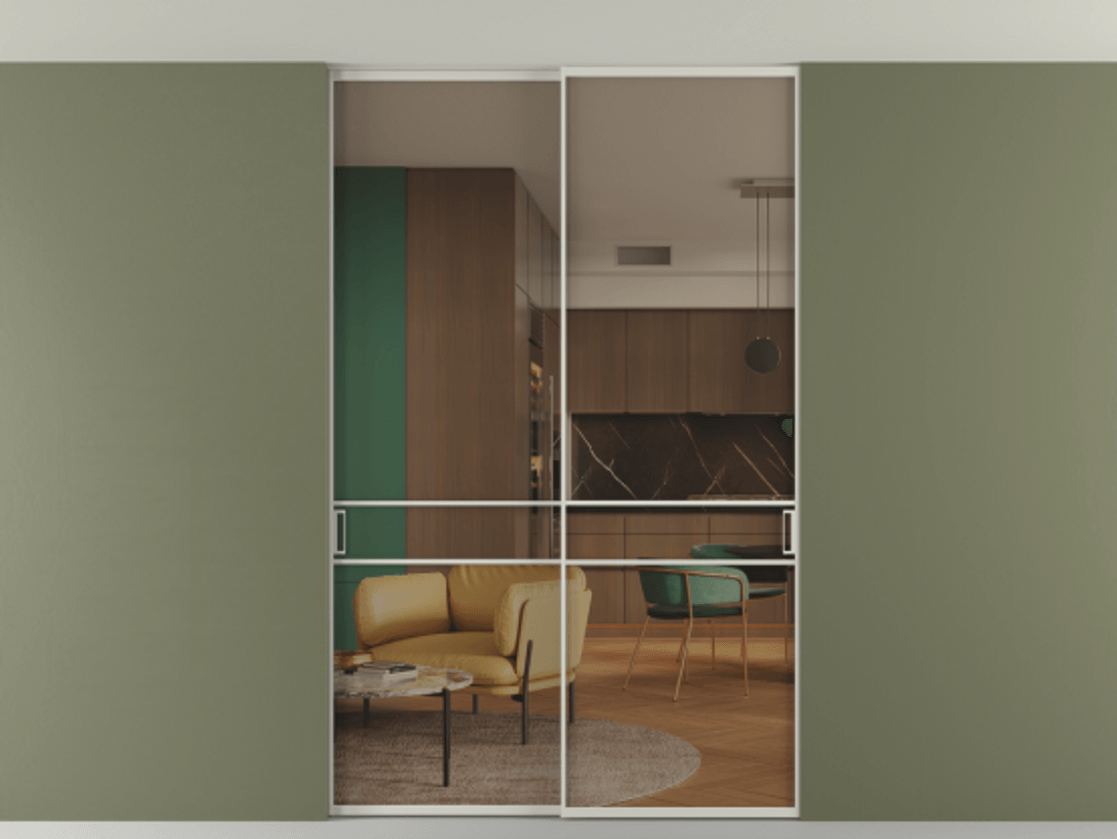 Перегородка Формато внутри проёма скрытое крепление в потолок 2 створки АЛПР 040.02 Алюминий тёплый серый Прозрачное бронзовое стекло, триплекс Цена 50387650 so'm | Volhovec