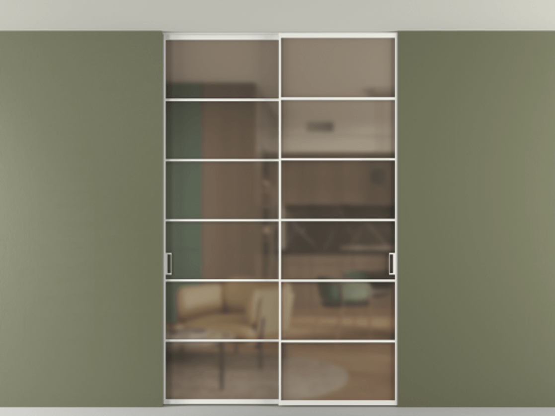 Перегородка Формато внутри проёма скрытое крепление в потолок 2 створки АЛПР 040.04 Алюминий светло-серый Сатинированное бронзовое стекло, триплекс Цена 53000260 so'm | Volhovec