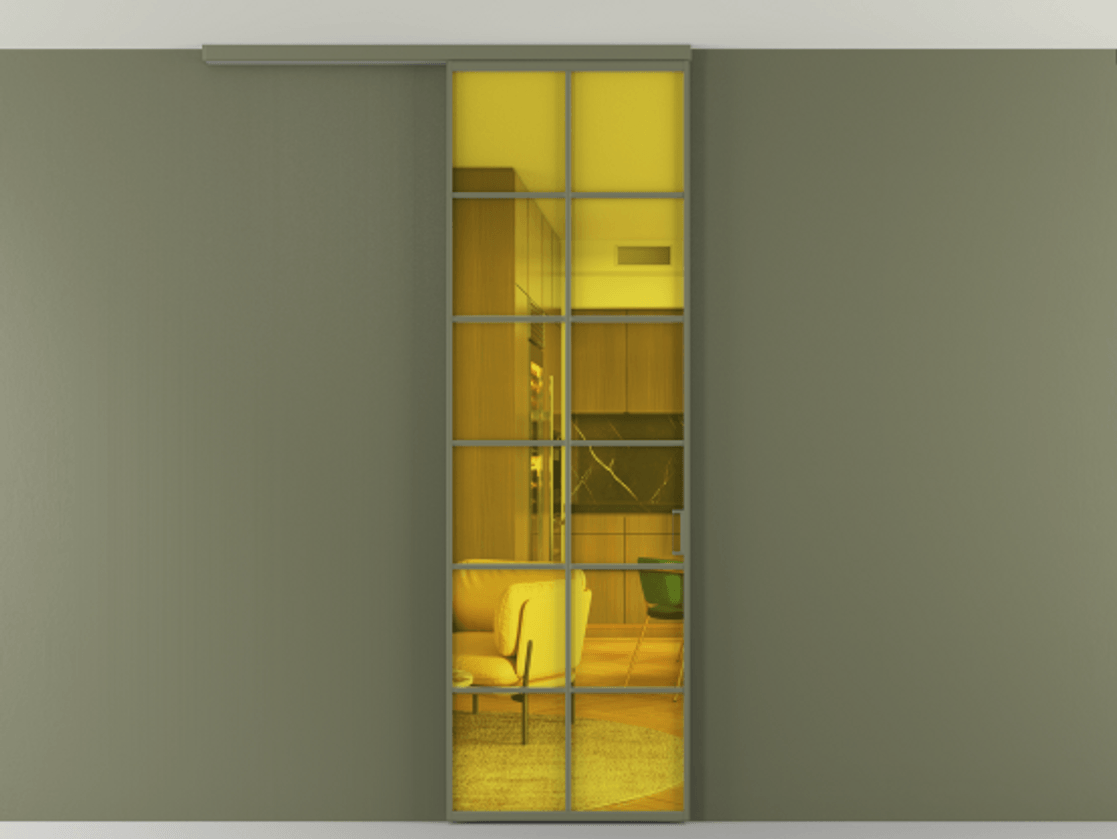 Перегородка Formato вдоль стены на потолок 1 створка АЛПР 040.05 Алюминий оливковый тёмный Прозрачное жёлтое стекло, триплекс Цена 21893990 so'm | Volhovec