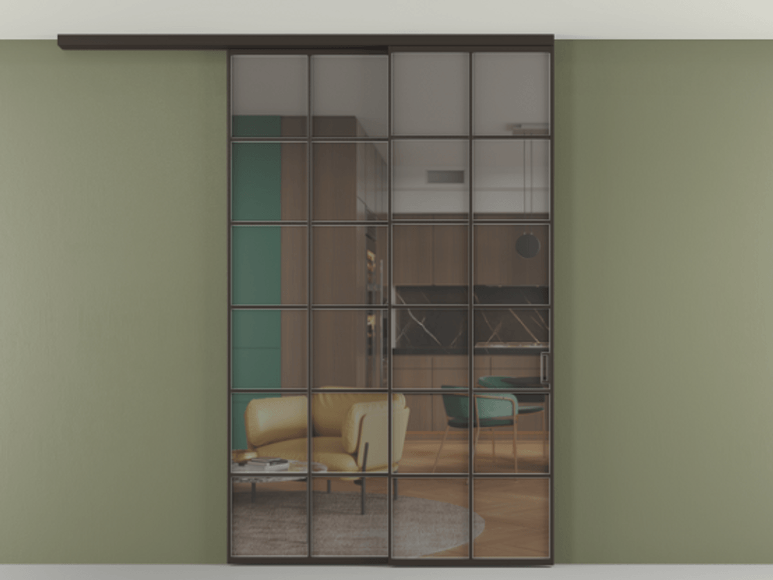 Перегородка Формато вдоль стены на потолок 2 створки с синхронным механизмом АЛПР 040.05 Алюминий антрацит Прозрачное серое стекло, триплекс Цена 59215910 so'm | Volhovec