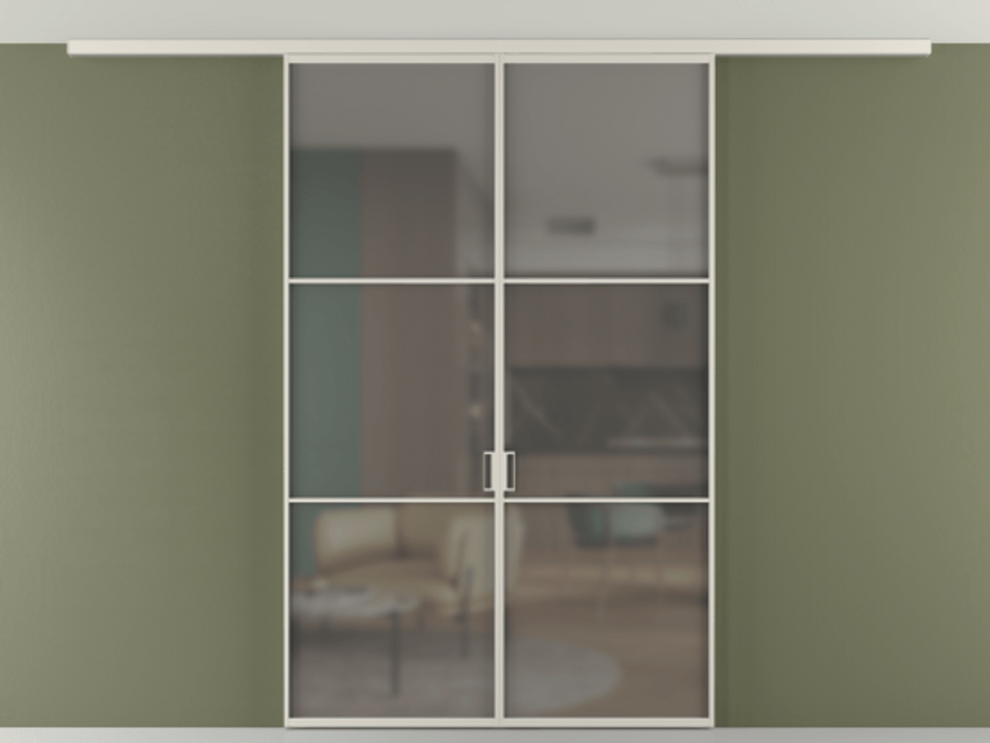 Перегородка Формато вдоль стены на потолок 2 створки АЛПР 040.03 Алюминий облачно-серый Сатинированное серое стекло, триплекс Цена 46267760 so'm | Volhovec