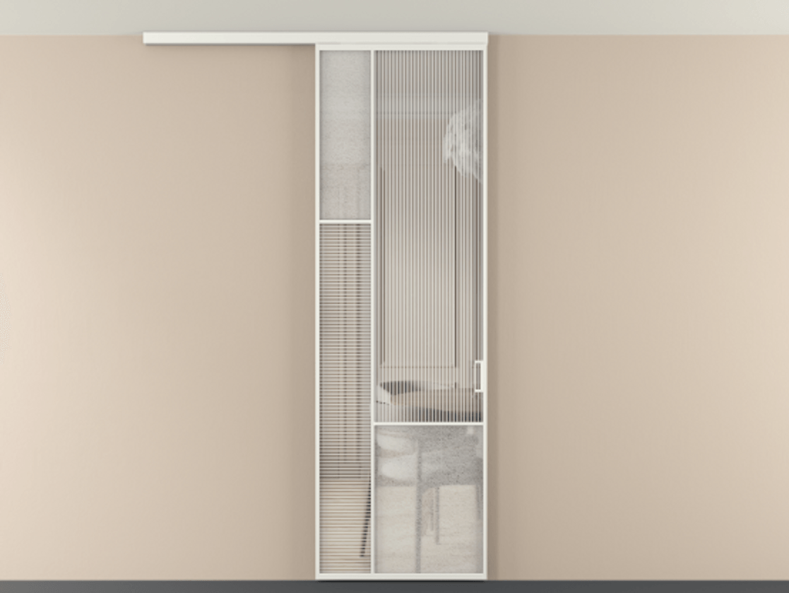 Перегородка Мозаик вдоль стены на потолок 1 створка АЛПР 041.13 Алюминий светло-серый Рифлёное стекло "Дюна", триплекс, 6 мм + Фактурное стекло "Лёд", триплекс Цена 29037120 so'm | Volhovec