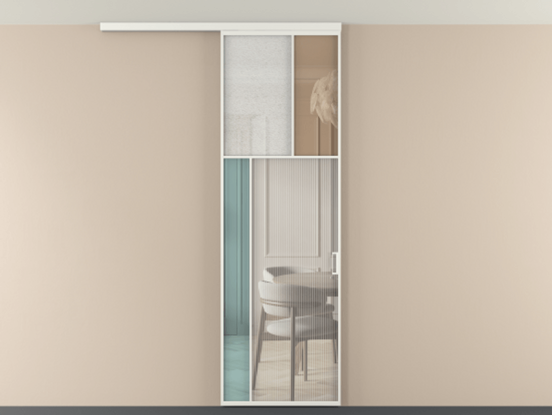 Перегородка Мозаик вдоль стены на потолок 1 створка АЛПР 041.22 Алюминий светло-серый Комбинация стекол Группы 1 и Группы 3 Цена 28631120 so'm | Volhovec