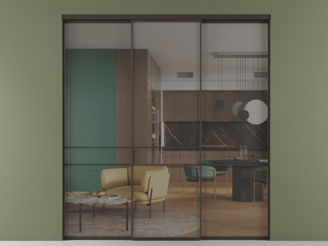 Перегородка Формато внутри проёма 3 створки АЛПР 040.02 Алюминий антрацит Рефлективное серое стекло "Стопсол", калёное Цена 64472800 so'm | Volhovec