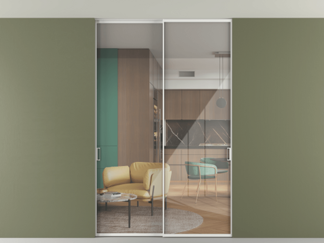 Перегородка Формато внутри проёма скрытое крепление в потолок 2 створки АЛПР 040.01 Алюминий белоснежный Рефлективное прозрачное стекло "Стопсол", калёное Цена 59608920 so'm | Volhovec