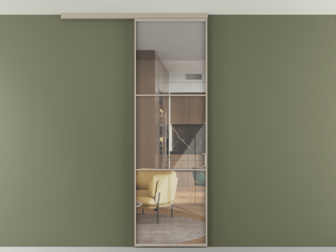 Перегородка Формато вдоль стены на потолок 1 створка АЛПР 040.03 Алюминий бисквитный Рефлективное прозрачное стекло "Стопсол", калёное Цена 21799760 so'm | Volhovec