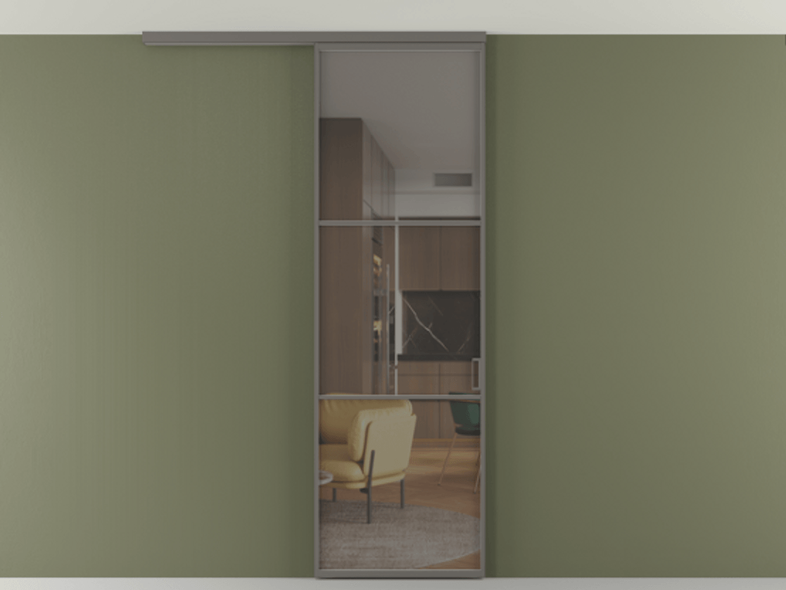 Перегородка Формато вдоль стены на потолок 1 створка АЛПР 040.03 Алюминий классический серый Прозрачное серое стекло, триплекс Цена 20500560 so'm | Volhovec