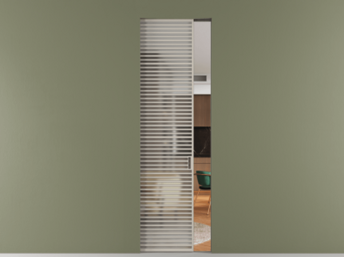 Перегородка Формато скрытый пенал 1 створка АЛПР 040.07 Алюминий светло-бежевый Сатинированное стекло "Мателюкс Кристал Вижн", калёное, матовое, каленое 6 мм Цена 48756540 so'm | Volhovec