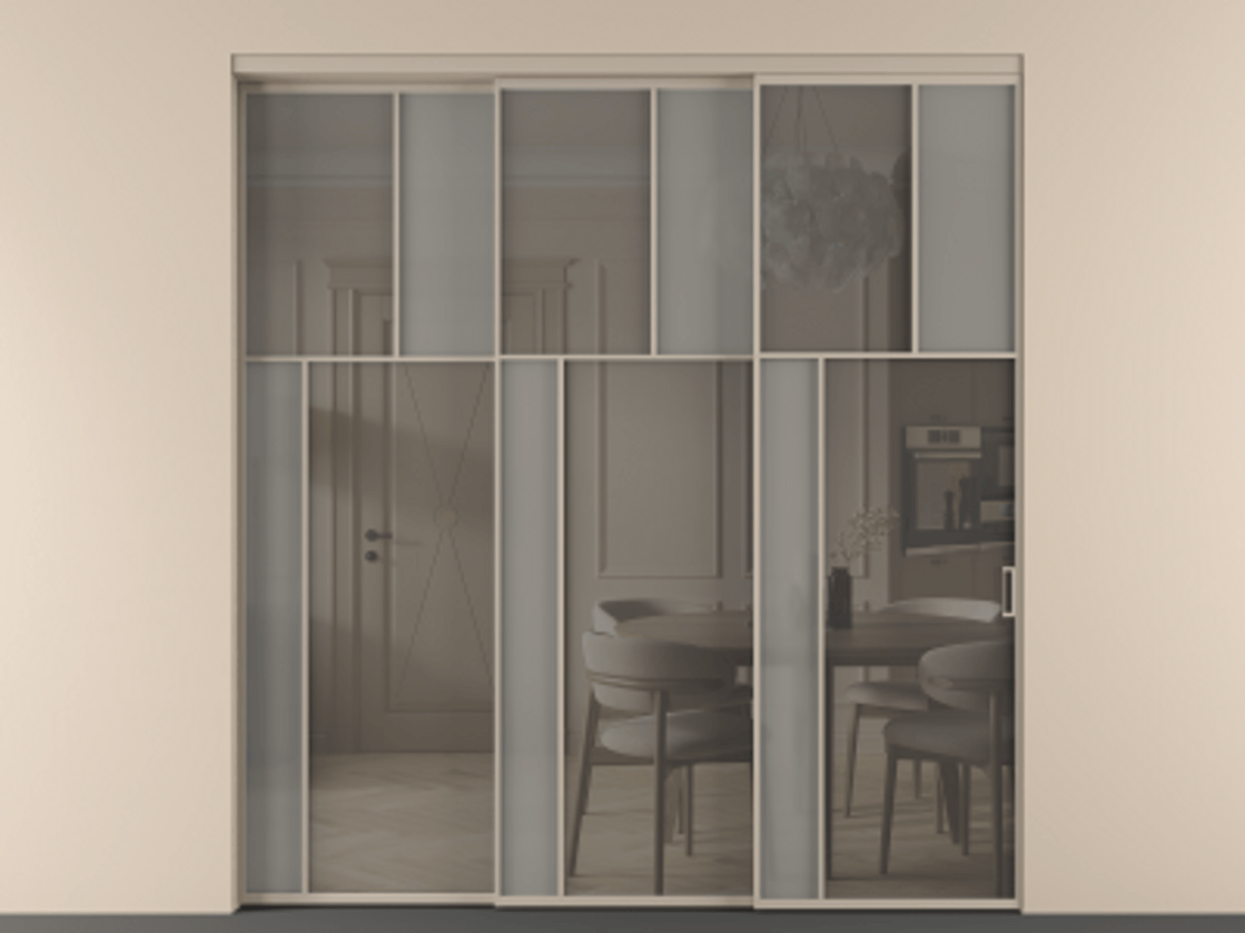 Перегородка Мозаик внутри проёма 3 створки с синхронным механизмом АЛПР 041.22 Алюминий бисквитный Сатинированное серое стекло, триплекс, 6 мм + Прозрачное серое стекло, триплекс Цена 88790170 so'm | Volhovec