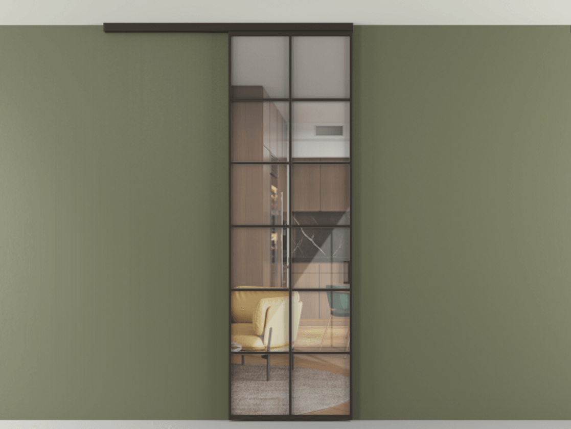 Перегородка Формато вдоль стены на потолок 1 створка АЛПР 040.05 Алюминий антрацит Рефлективное прозрачное стекло "Стопсол", калёное Цена 23193160 so'm | Volhovec