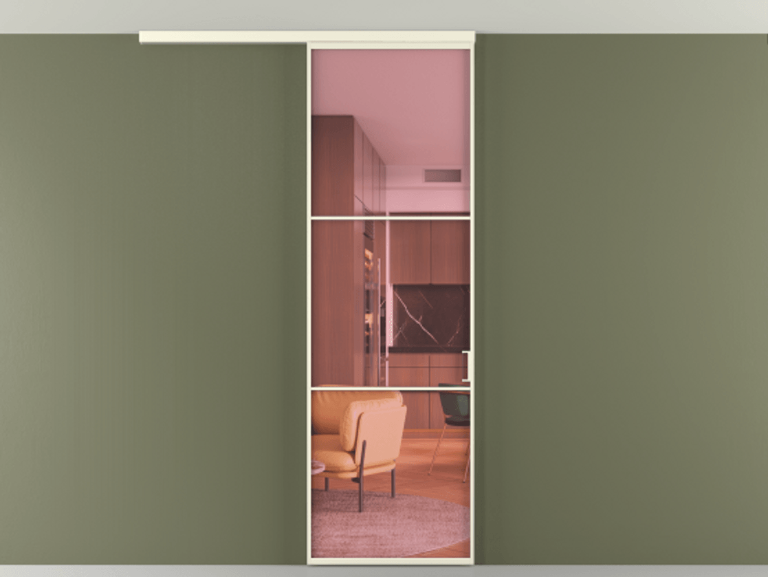 Перегородка Formato вдоль стены на потолок 1 створка АЛПР 040.03 Алюминий молочно-белый Прозрачное розовое стекло, триплекс Цена 20500540 so'm | Volhovec