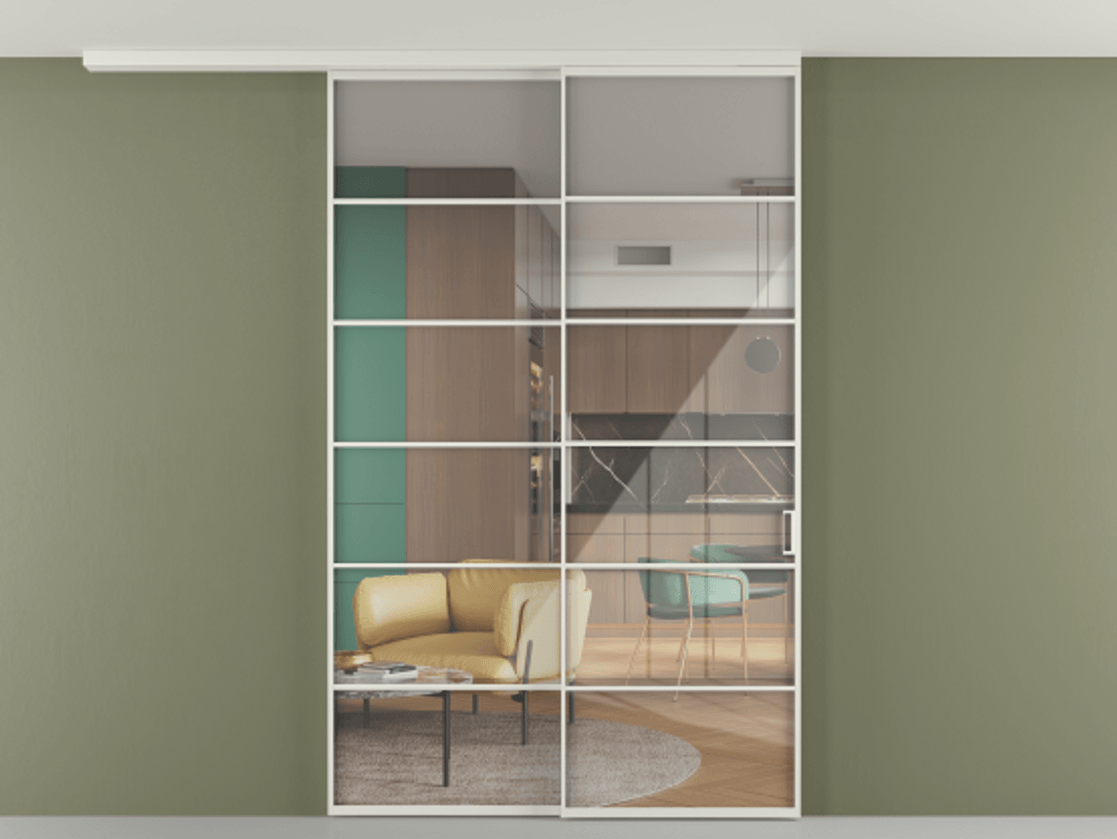 Перегородка Формато вдоль стены на потолок 2 створки с синхронным механизмом АЛПР 040.04 Алюминий серый Рефлективное прозрачное стекло "Стопсол", калёное Цена 61814310 so'm | Volhovec