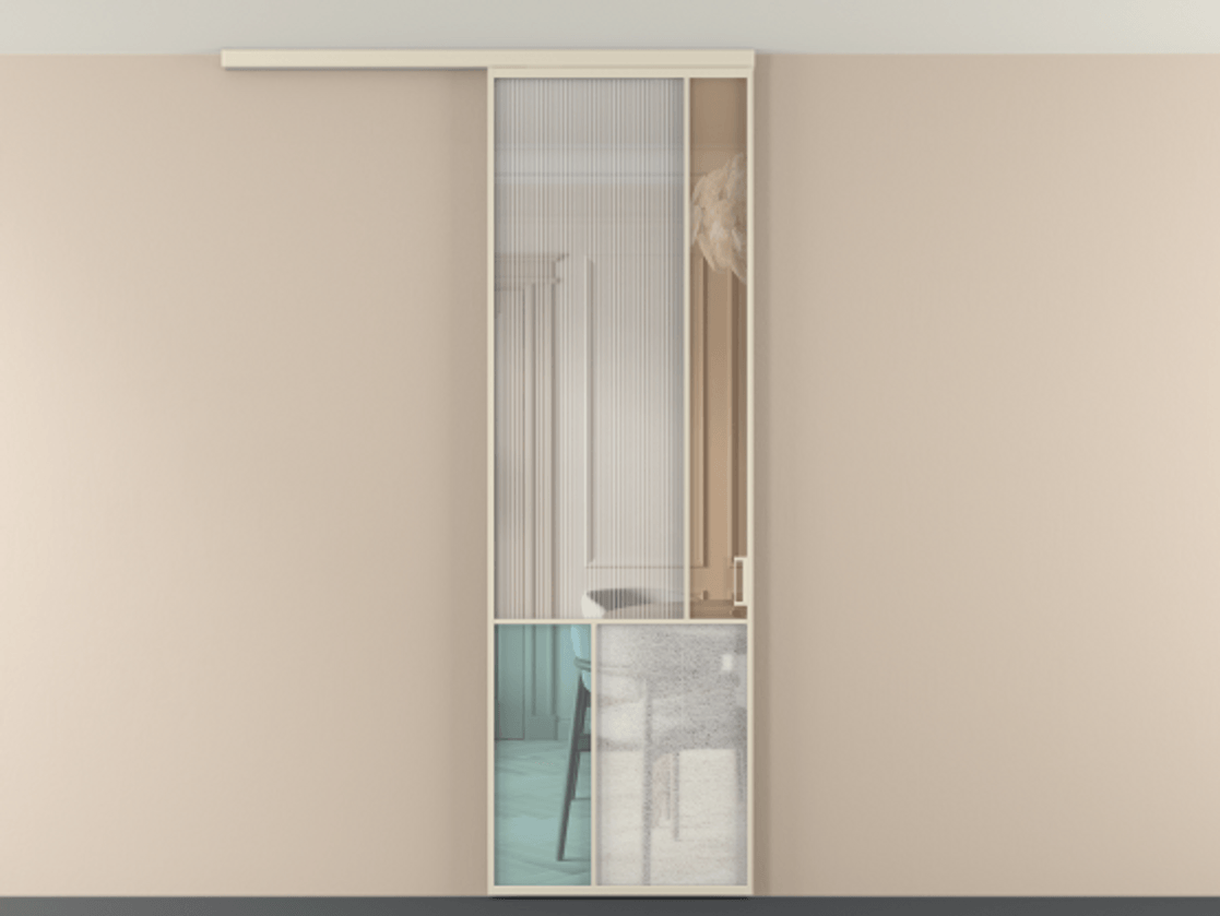 Перегородка Мозаик вдоль стены на потолок 1 створка АЛПР 041.21 Алюминий бежево-серый Комбинация стекол Группы 1 и Группы 3 Цена 28631120 so'm | Volhovec