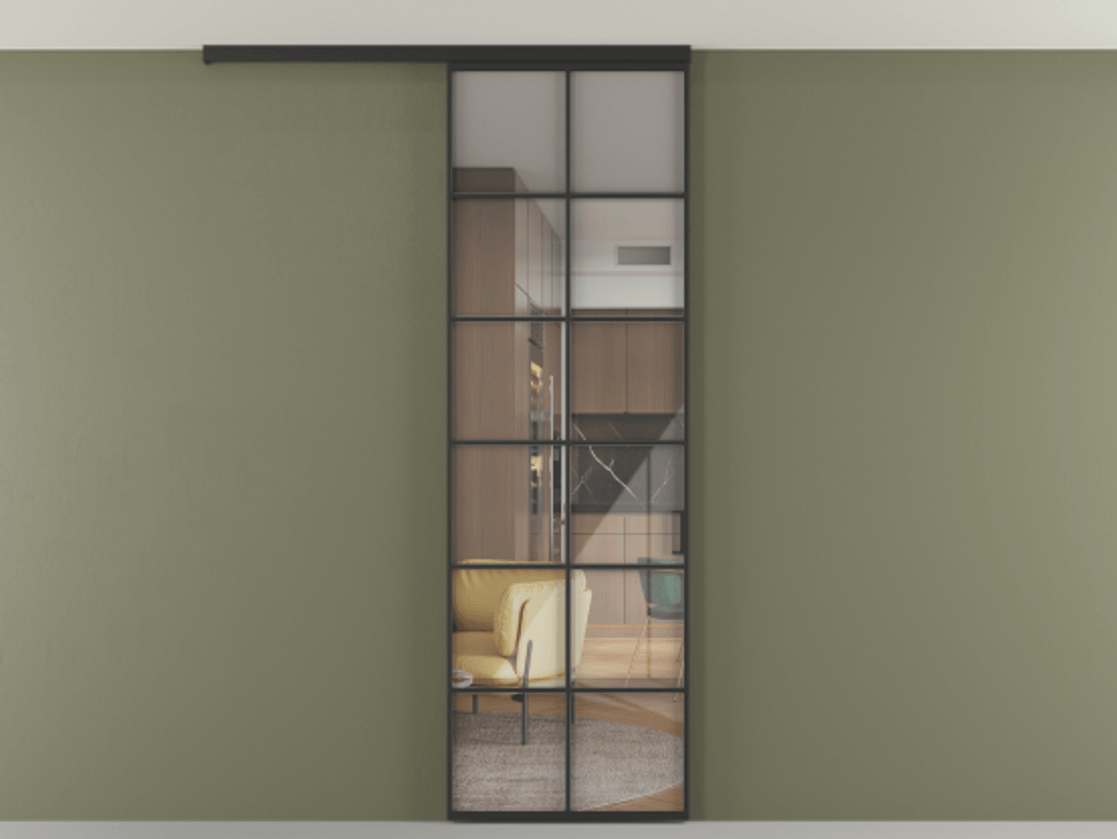 Перегородка Формато вдоль стены на потолок 1 створка АЛПР 040.05 Алюминий Черный Рефлективное прозрачное стекло "Стопсол", калёное Цена 26184970 so'm | Volhovec