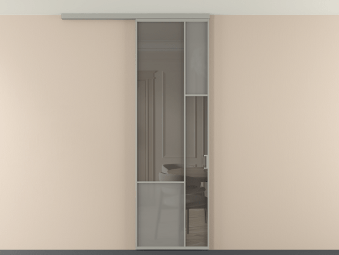 Перегородка Мозаик вдоль стены на потолок 1 створка АЛПР 041.12 Алюминий нейтральный серый Сатинированное серое стекло, триплекс, 6 мм + Прозрачное серое стекло, триплекс Цена 27413120 so'm | Volhovec