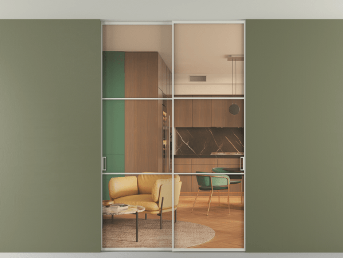 Перегородка Формато внутри проёма скрытое крепление в потолок 2 створки АЛПР 040.03 Алюминий тёплый серый Прозрачное оранжевое стекло, триплекс Цена 50387650 so'm | Volhovec