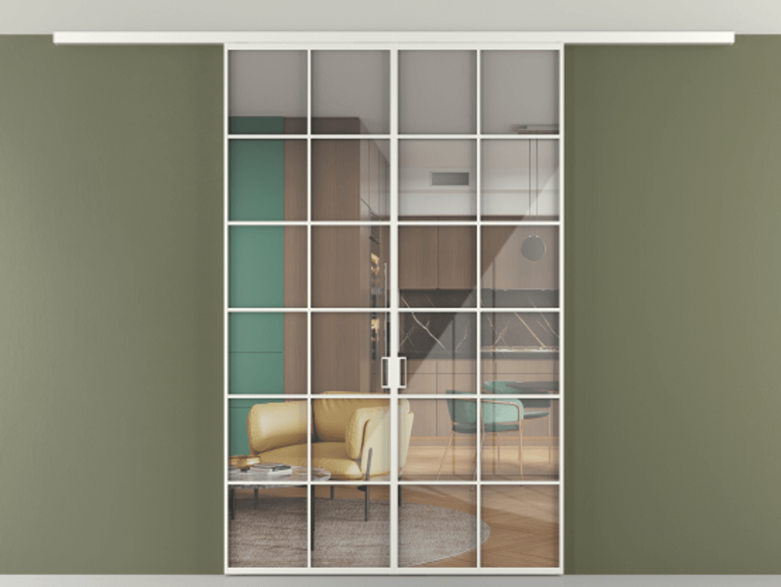 Перегородка Формато вдоль стены на потолок 2 створки АЛПР 040.05 Алюминий светло-серый Рефлективное прозрачное стекло "Стопсол", калёное Цена 52999240 so'm | Volhovec