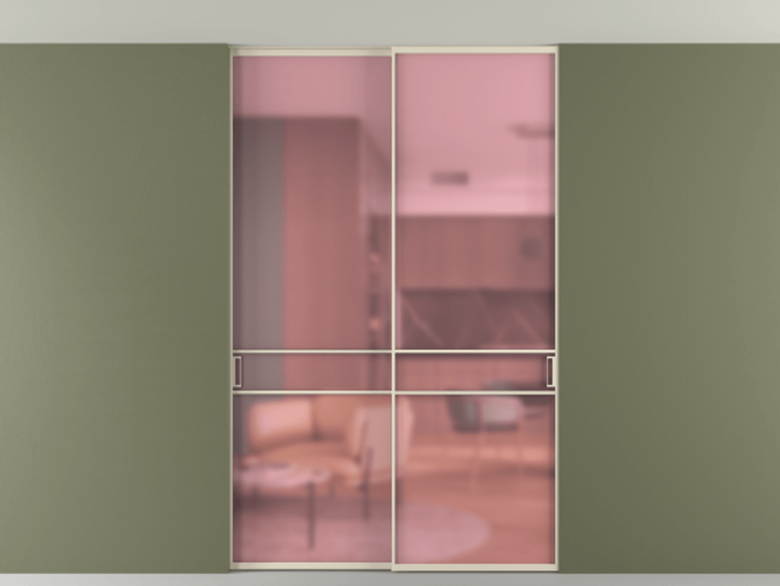 Перегородка Formato внутри проёма скрытое крепление в потолок 2 створки АЛПР 040.02 Алюминий бежево-серый Сатинированное розовое стекло, триплекс Цена 52064570 so'm | Volhovec