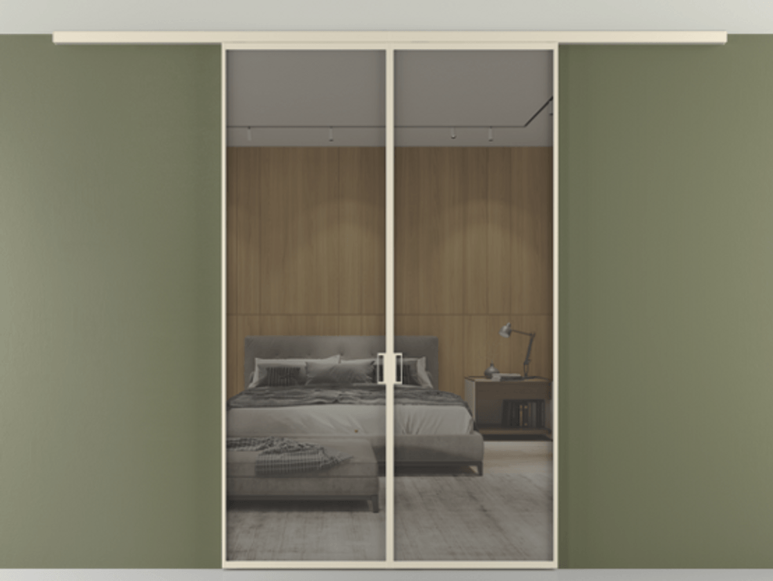 Перегородка Формато вдоль стены на потолок 2 створки АЛПР 040.01 Алюминий бежево-серый Рефлективное серое стекло "Стопсол", калёное Цена 47104120 so'm | Volhovec