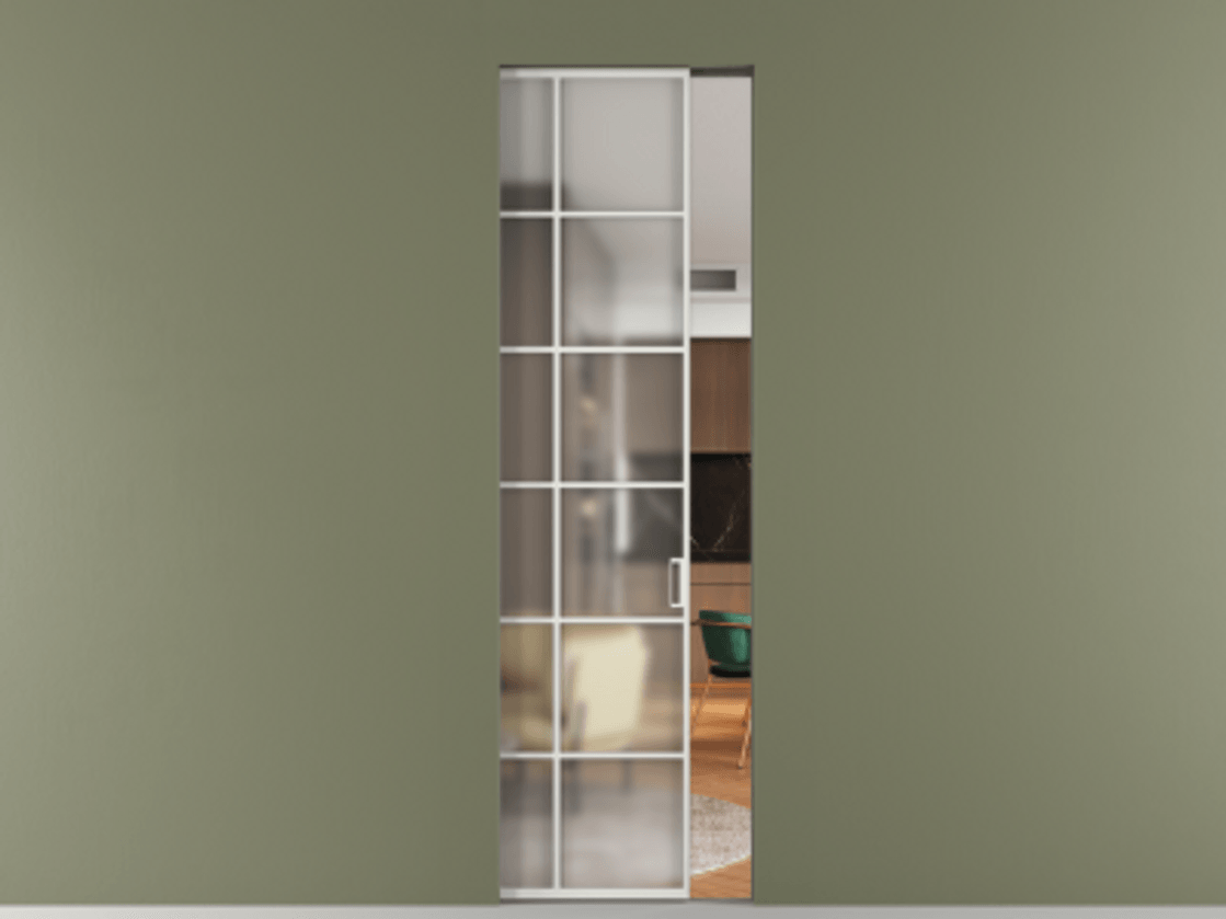 Перегородка Формато скрытый пенал 1 створка АЛПР 040.05 Алюминий светло-серый Сатинированное стекло "Мателюкс Кристал Вижн", калёное, матовое, каленое 6 мм Цена 34108060 so'm | Volhovec