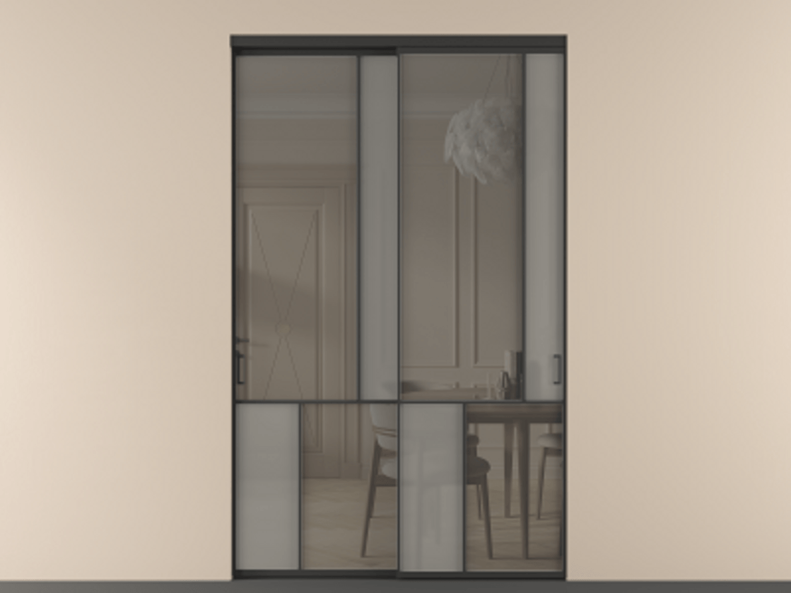 Перегородка Мозаик внутри проёма 2 створки АЛПР 041.21 Алюминий Черный Сатинированное серое стекло, триплекс, 6 мм + Прозрачное серое стекло, триплекс Цена 95527740 so'm | Volhovec