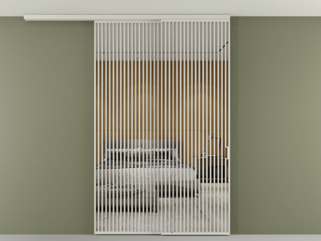 Перегородка Формато вдоль стены на потолок 2 створки с синхронным механизмом АЛПР 040.06 Алюминий облачно-серый Двустороннее зеркало, триплекс , триплекс 6 мм Цена 91442570 so'm | Volhovec