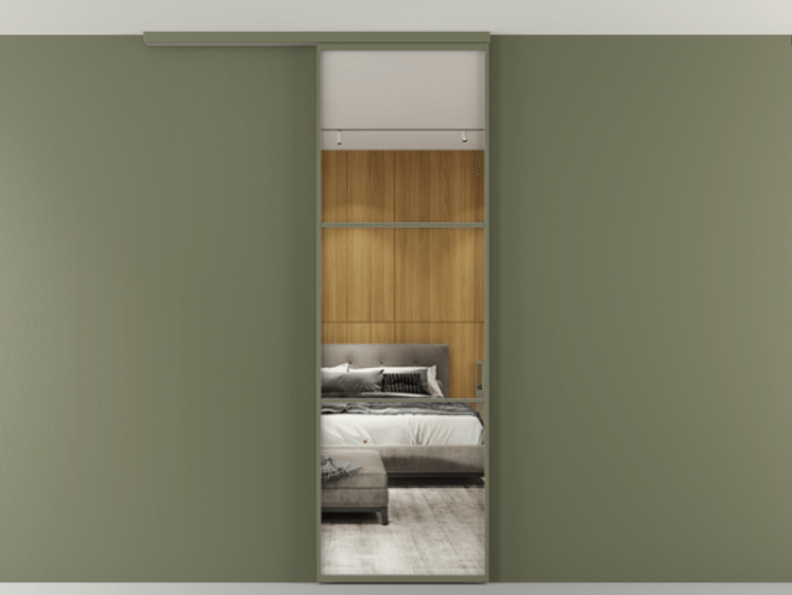 Перегородка Формато вдоль стены на потолок 1 створка АЛПР 040.03 Алюминий оливковый тёмный Двустороннее зеркало, триплекс , триплекс 6 мм Цена 20500560 so'm | Volhovec