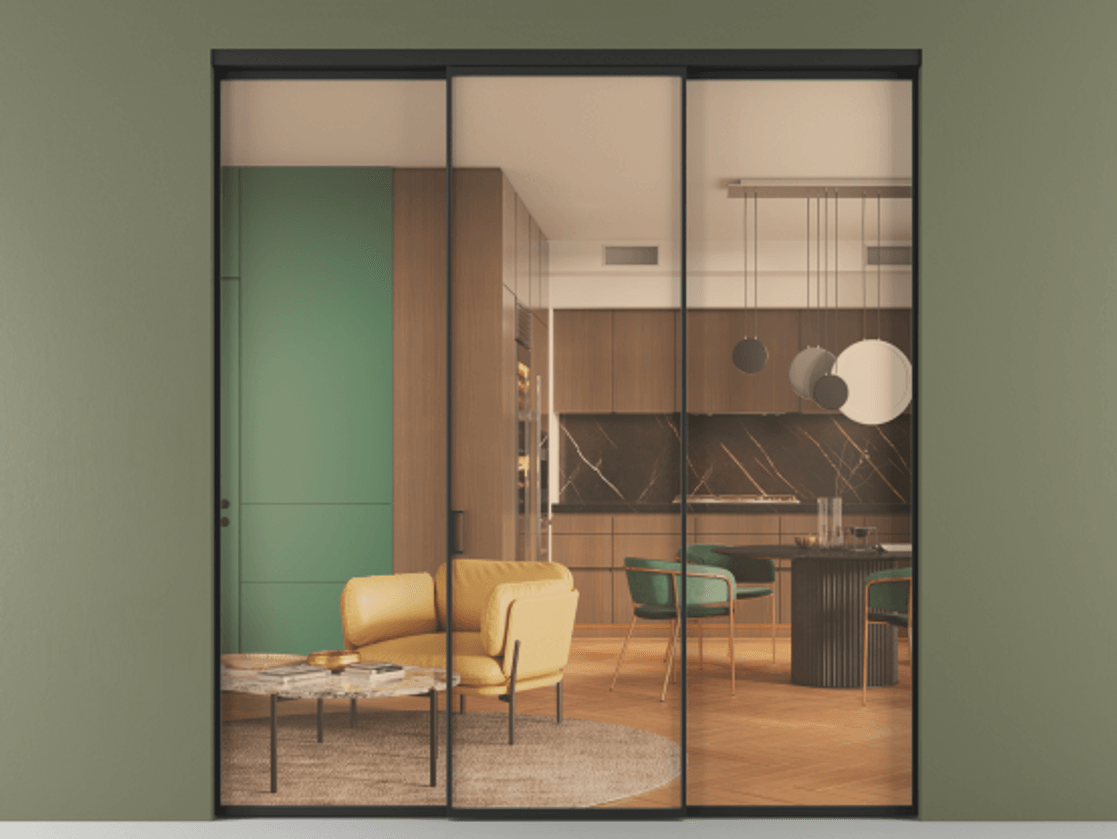 Перегородка Formato внутри проёма 3 створки АЛПР 040.01 Алюминий Черный Прозрачное оранжевое стекло, триплекс Цена 43903830 so'm | Volhovec