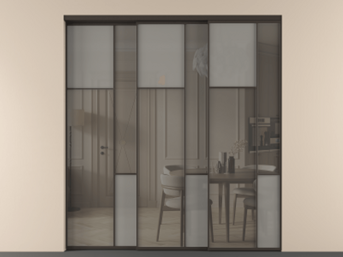 Перегородка Мозаик внутри проёма 3 створки с синхронным механизмом АЛПР 041.10 Алюминий антрацит Сатинированное серое стекло, триплекс, 6 мм + Прозрачное серое стекло, триплекс Цена 88790170 so'm | Volhovec