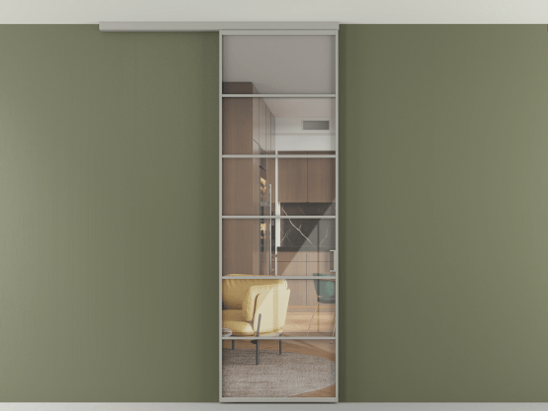 Перегородка Формато вдоль стены на потолок 1 створка АЛПР 040.04 Алюминий нейтральный серый Рефлективное прозрачное стекло "Стопсол", калёное Цена 23193160 so'm | Volhovec