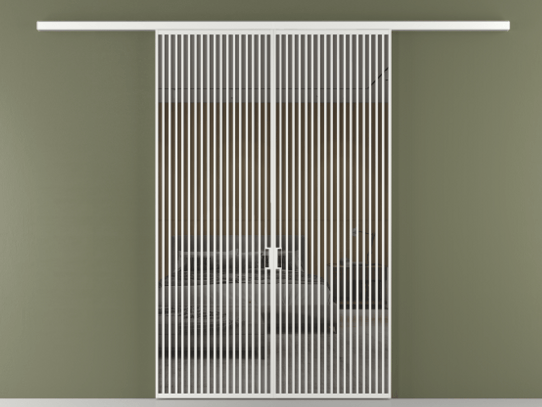 Перегородка Formato вдоль стены 2 створки АЛПР 040.06 Алюминий белоснежный Рефлективное серое стекло "Stopsol", калёное Цена 90335000 so'm | Volhovec