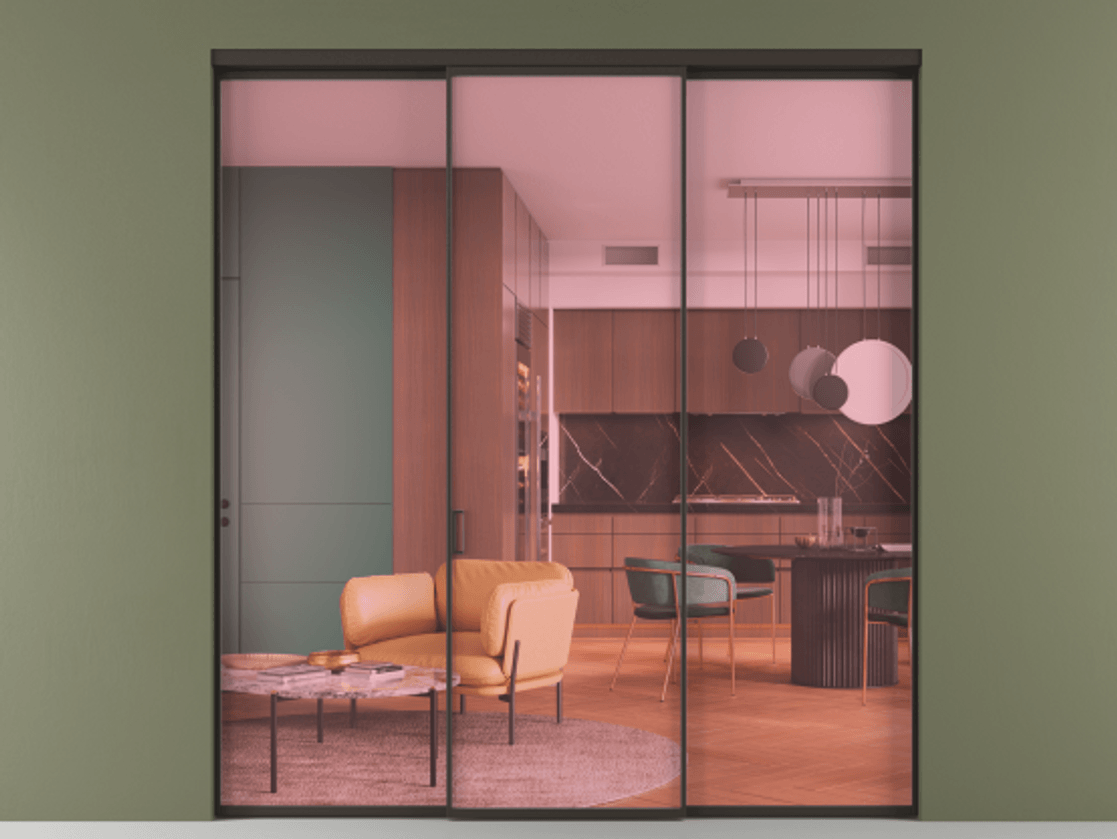 Перегородка Формато внутри проёма 3 створки АЛПР 040.01 Алюминий антрацит Прозрачное розовое стекло, триплекс Цена 45700380 so'm | Volhovec