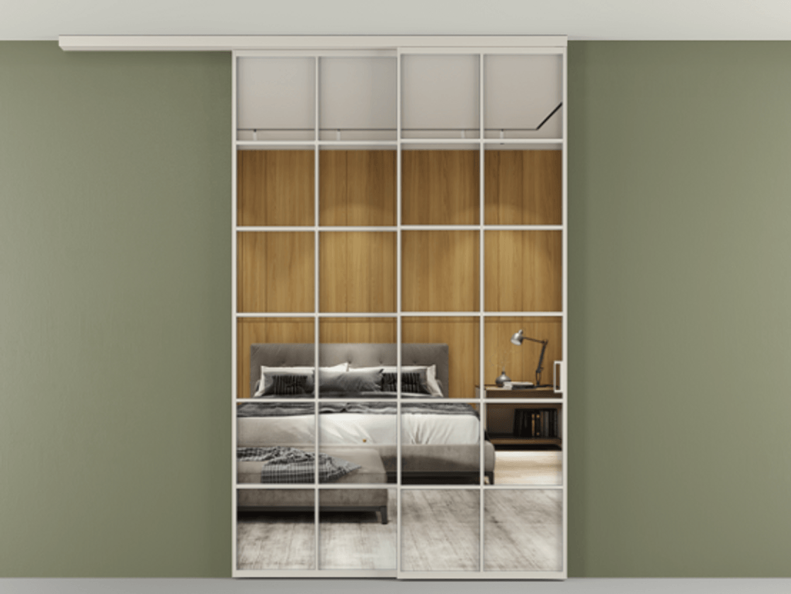 Перегородка Формато вдоль стены на потолок 2 створки с синхронным механизмом АЛПР 040.05 Алюминий облачно-серый Двустороннее зеркало, триплекс , триплекс 6 мм Цена 59215910 so'm | Volhovec